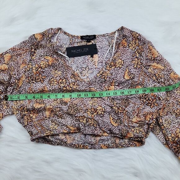 Rachel Zoe -584 Floral Cheetah Long Sleeve Front Faux Wrap Crop Top Rayon Size S - Picture 4 of 8